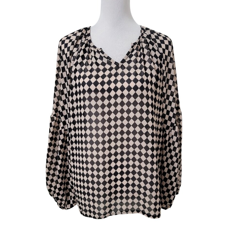 SHEIN Size XL Black & Tan Notched Neck, Checker, Bishop Sleeve, Chiffon Blouse